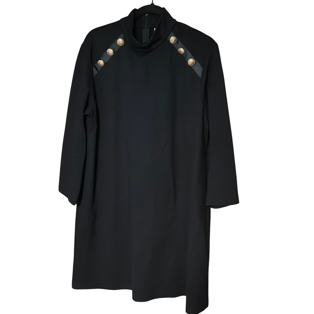 Tuckernuck Shift Dress XXL Black Mock Neck Gold Button Military Detail LBD